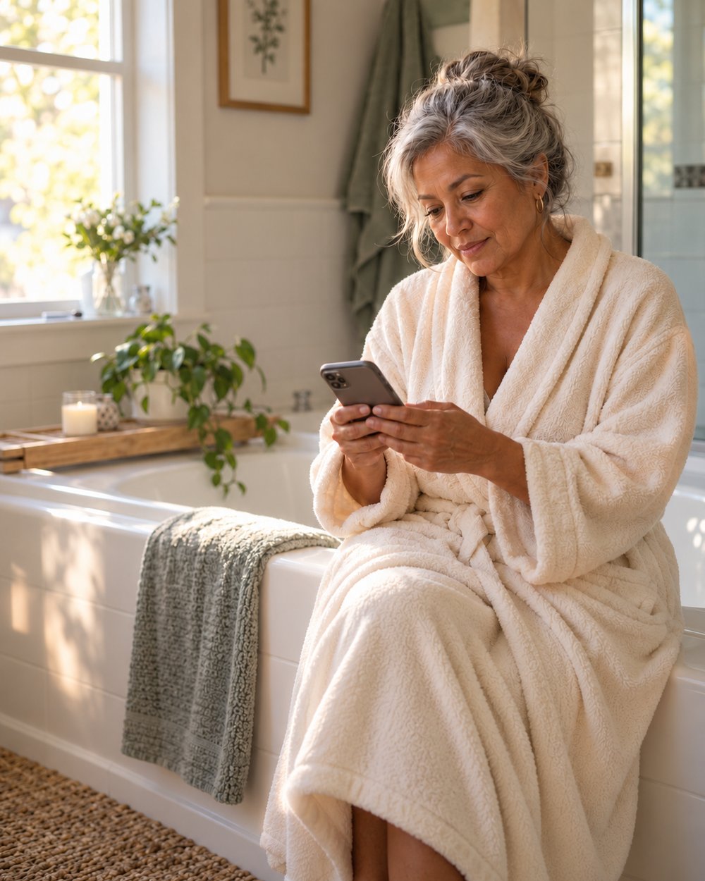A woman with silver hair sits on the edge of her bathtub in a robe, reading a text on her phone in morning light.