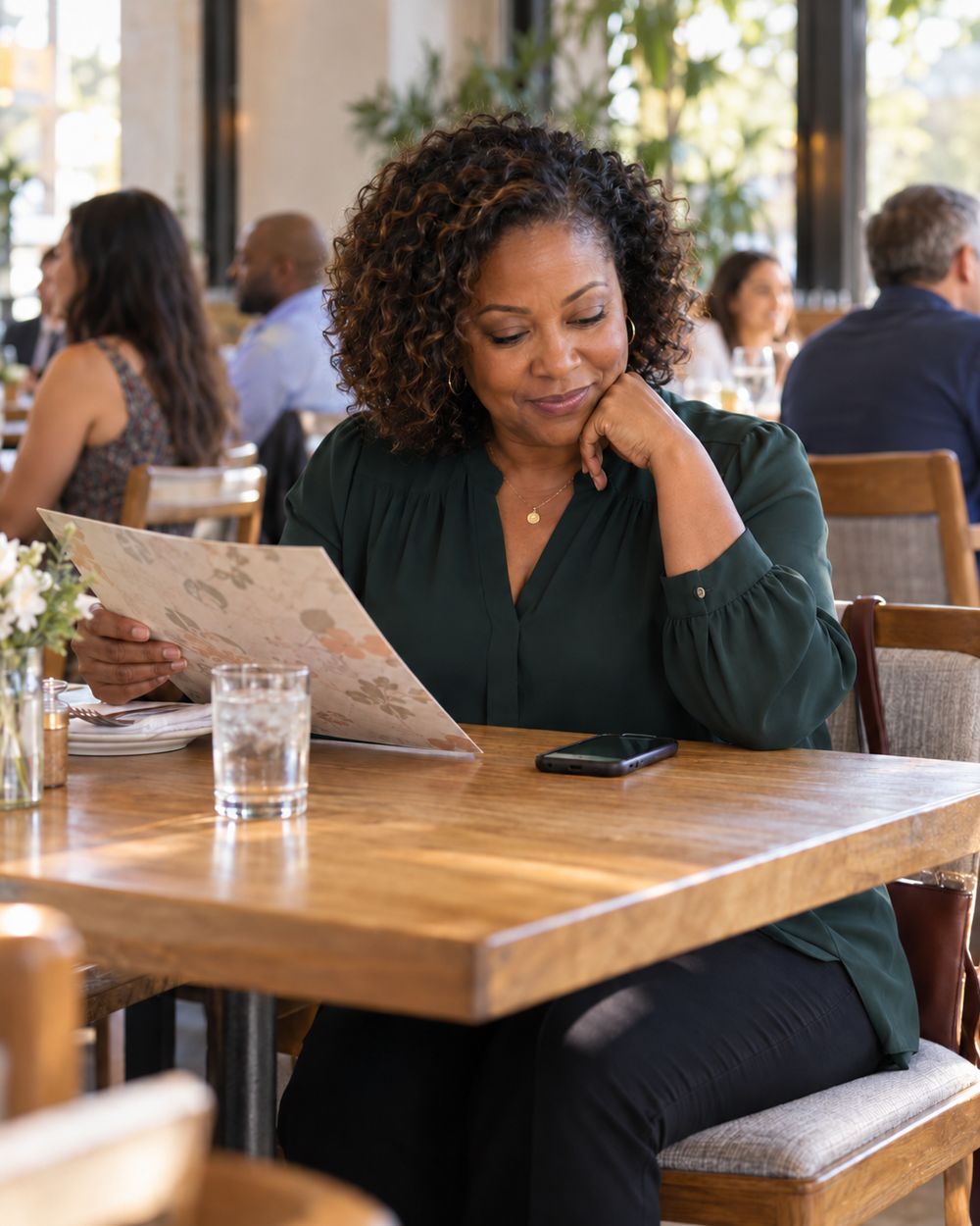 A woman at a restaurant table smiles as she looks over a menu, her phone beside her.