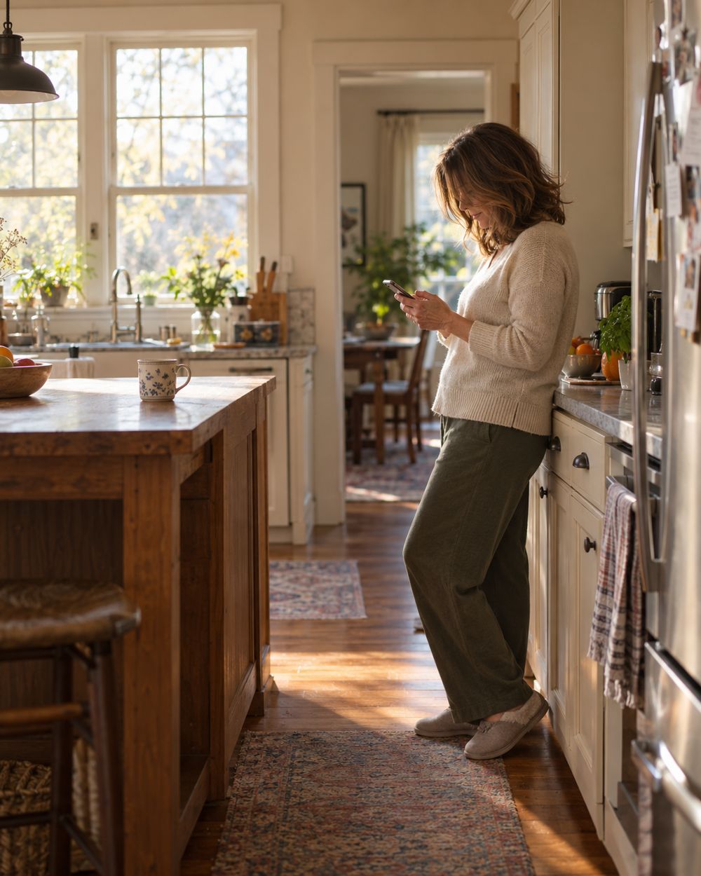 A woman leans against her kitchen counter in morning light, reading a text on her phone.