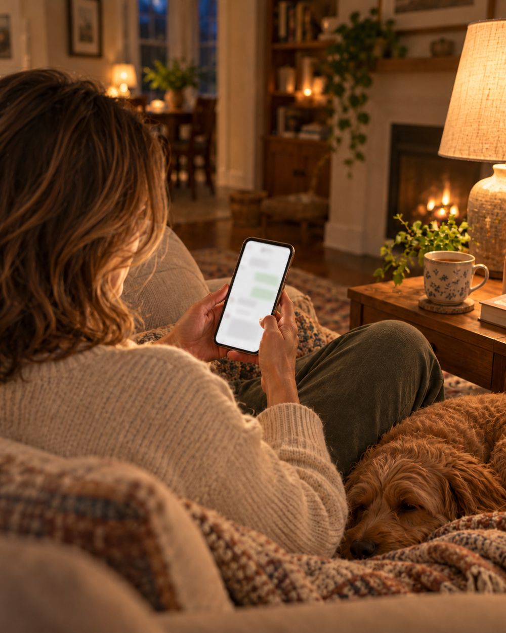 Evening on the couch with a sleeping dog, reading the day's messages.
